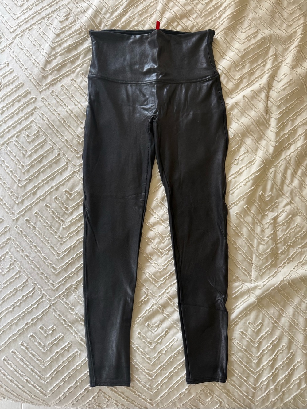 SPANX Black Shiny High-Waist Leggings with Red Brand Tag